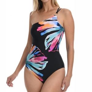 La Blanca Black Watercolor Palm Leaf One Shoulder Swimsuit